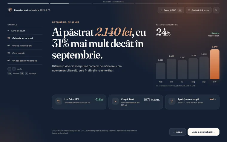 Captură de exemplu a Poveștii lunii, cu date fictive.