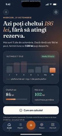 Captură de exemplu a ecranului Azi poți cheltui, cu date fictive.